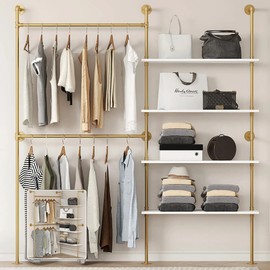 DABILONGC Industrial Pipe Clothing Rack Wall Mounted Heavy Duty, Space Saving Garment Hanger System for Wardrobe/Walk-in Closet, Gold