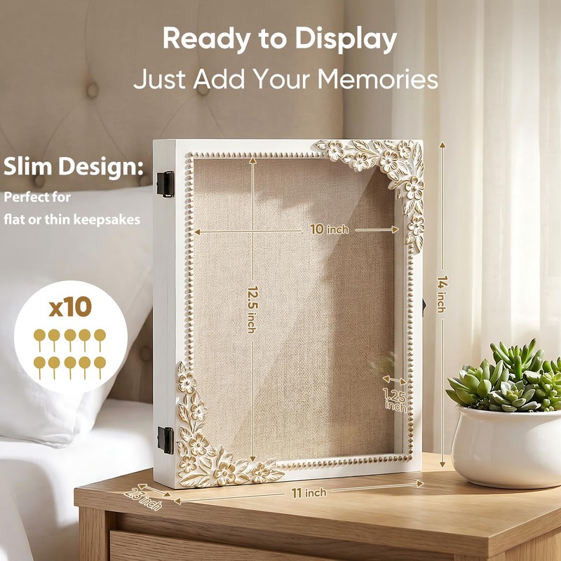 11x14 Shadow Box Frame, Vintage Gold & White Wood Display