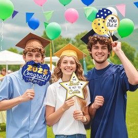 2025 Graduation Photo Booth Props, 2025 Grad Party Decorations Supplies Pose Signs Class of 2025 for College High School, Congratulations Graduate Grad with Large Card, Blue & Gold, 15 PCS