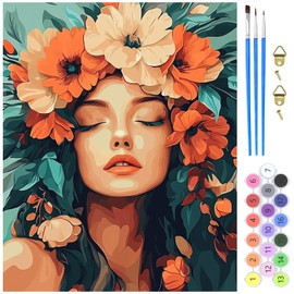 MXJSUA Woman with Flowers Painting by Numbers Adults, DIY Hand Painted Oil Painting Kit - 40 x 50 cm, Paint by Numbers Adult with 3 Brushes and Acrylic Paint Canvas Kit, Gifts and Home Decoration