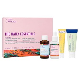 Good Molecules - The Daily Essentials - Tónico iluminador de niaciamida (1.0 fl oz) - Suero de ácido hialurónico (1.0 fl oz) - Gel de ojos de yerba mate (0.5 onzas líquidas) - Hidratante de imprimación sin silicona (0.5 fl oz) - (juego de 4)