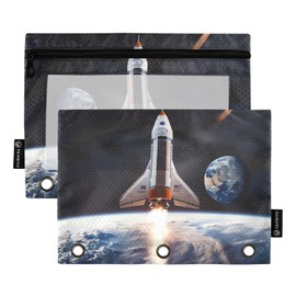 TEAMOMAS Space Rocket Nasa Earth Pencil Pouches for 3 Ring Binders Large Pencil Case Pencil Bags with Zipper Pouch Pencil Box Pen Bag with Clear Window for Office 2 Pack 040