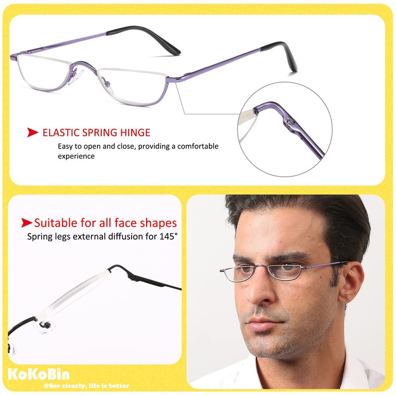 KoKoBin Half Reading Glasses,4 Pack Half Rim Metal Frame Glasses