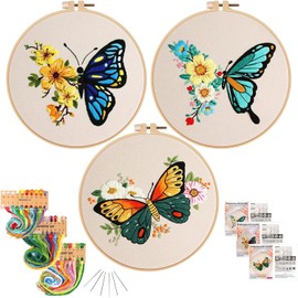 Embroidery Kits for Adults Beginners, 3 Sets Embroidery Starter Kits Embroidery Cross Stitch Practice Kits with Stamped Pattern, Embroidery Hoops and Color Threads, Funny Hobby for Adults Kids