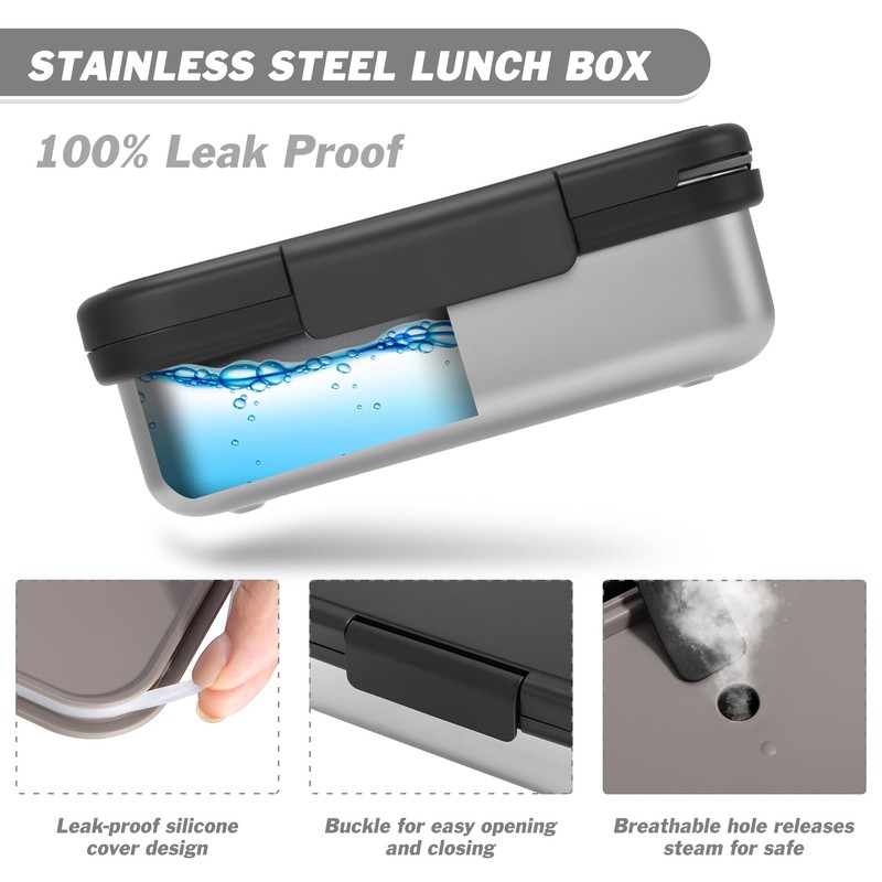 Reeple Stainless Steel Lunch Box, Leak-Proof Metal Bento Box with
