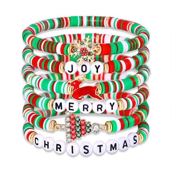 XOCARTIGE Christmas Bracelets Holiday Heishi Bracelets for Women Stackable Red Green Clay Beaded Stretch Bracelets Snowflake Xmas Tree Reindeer Charms Bracelets Holiday Gifts (Christmas 3)