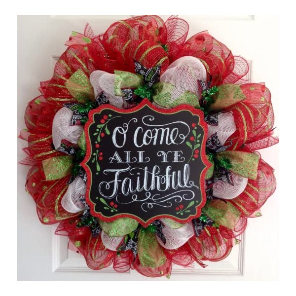 Christmas Wreath Come All Ye Faithful Handmade Deco Mesh
