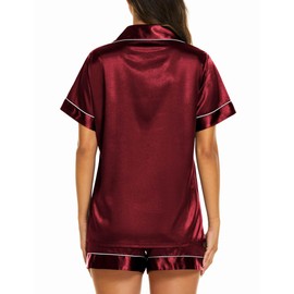 Ekouaer Womens Satin Silk Pajamas Set Short Sleeve Button Down Top and Shorts Sleepwear 2 Piece Pjs Set,Burgundy,Medium