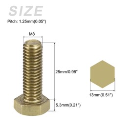 METALLIXITY Hex Head Screw Bolt (M8-1.25x25mm) 1Pcs, Brass Fully Threaded Solid Brass Hex Bolts Machine Screws - for Machinery Repair