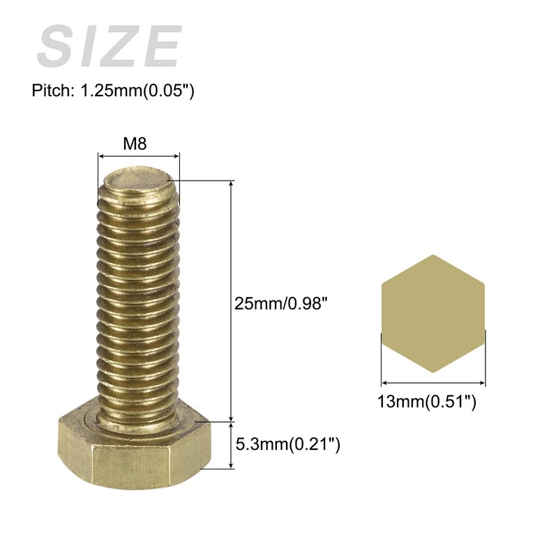 METALLIXITY Hex Head Screw Bolt (M8-1.25x25mm) 1Pcs, Brass Fully Threaded