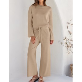 ZESICA Women's 2 Piece Outfits Set 2025 Casual Long Sleeve Knit Pullover Top and Wide Leg Pants Sweatsuit Lounge Sets Sand Medium