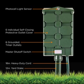 myTouchSmart Outdoor 6 Outlet Yard Stake Timer, 6ft. Cord Plug Sensor, On at Dusk/Off After 6 Hours, Weather Resistant, Heavy-Duty, Ideal for String Lights, Landscape, Seasonal, 48708, 6 Foot, Green