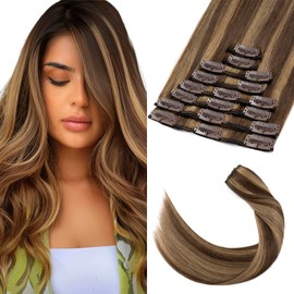 Elailite Clip in Hair Extensions Real Human Hair Remy Hair Full Head - 8 Pcs Invisible Thin Weft - Mix #4/27 Medium Brown & Dark Blonde - 16 Inch (64 g)