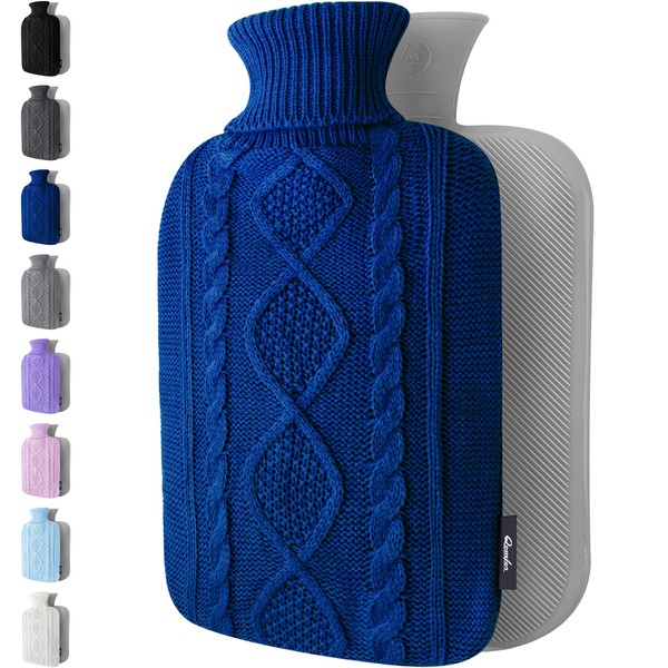Hot Water Bottle with Cover - Premium Soft Knitted Cover - 1.8l Large Capacity - Hot Water Bag for Pain Relief, Neck and Shoulders, Back & Cosy Nights - Great Gift for Women (Dark Blue)