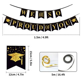 We Are So Proud Of You Banner with 12Pcs 12 Inches Black and Gold Balloons Graduation Congratulations Banner Confetti Balloons Bunting Party Decorations