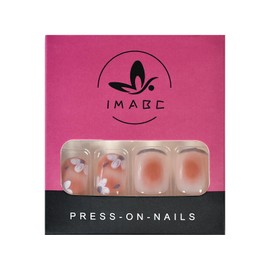 iMABC Short Round Glossy Gel Press on Nails Peach Flower Red Gradient French False Nails Salon Manicure Reusable DIY Fake Nails Art Tips