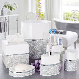 Creative Scents Mirror Damask White and Gray Bathroom Accessories Set - 6 Piece Bathroom Accessory Set Includes: Trash Can, Tissue Box Cover, Soap Dispenser, Soap Dish, Toothbrush Holder & Tumbler