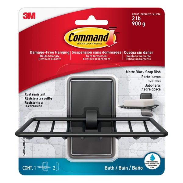 Command Soap Dish, Matte Black, 1 Holder + 2 Waterproof