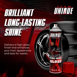 Team Unique Tire Shine Gloss – 18.6 Fl Oz (550mL) Pack of 6 | High-Gloss Formula for Ultimate Tire Shine | Protects Against Cracking and Fading | Non-Greasy, Low-Sling Spray for Easy Application