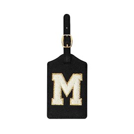 Initial Luggage Tag, PU Leather Luggage Tag, Embroidered Luggage Tag, Letter Luggage Tag, Monogrammed Luggage Tag, Luggage Tag for Baggage Bag Suitcase (M, Black Leather+White Letter)