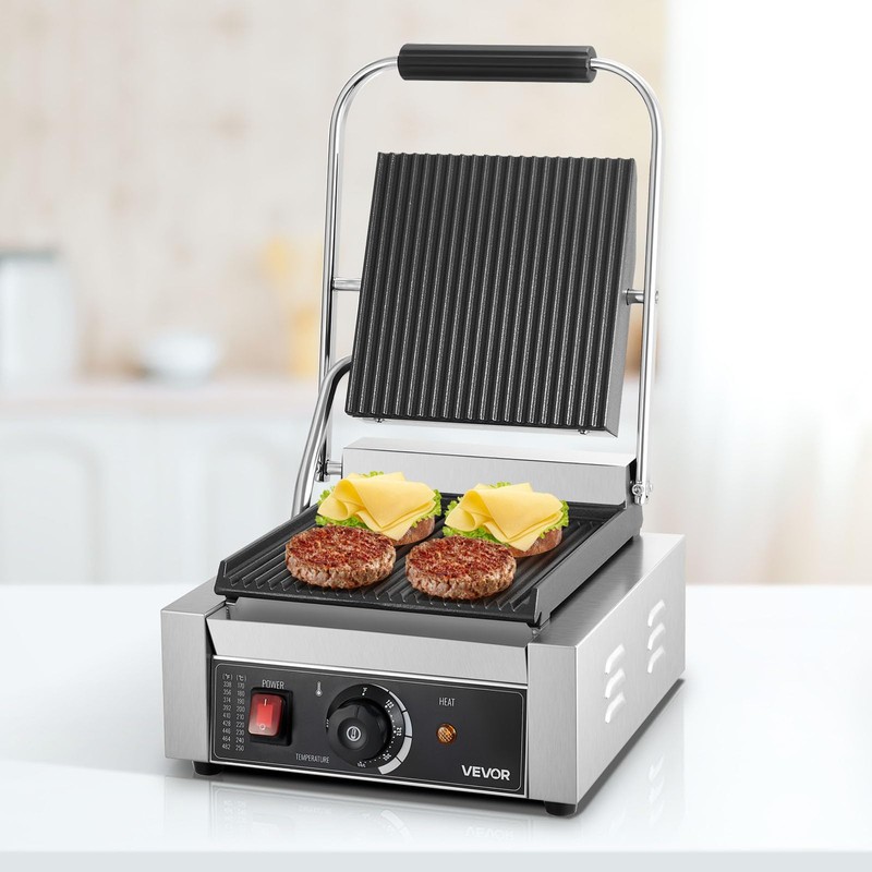VEVOR Commercial Panini Grill, 1800W Electric Sandwich Panini Maker, Stainless