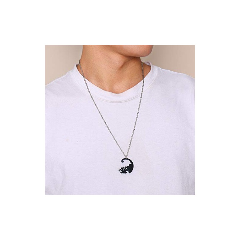 Rockyu Couple Necklace, Popular, Silver, Black, Cat Necklace, Cute, Unisex,