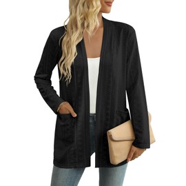 Yincro Women's Lightweight Open Front Cardigan Casual Long Sleeve Loose Cardigans with Pockets (Black, L)