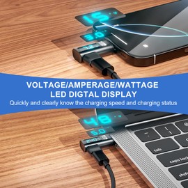 Digital Display USB C Magnetic Adapter Right Angle PD240W 24Pin(2 Pack)Voltage Current Power LED Display, Type C Power Meter Tester 90 Degree USBC 4 40Gbps 8K 60Hz for Thunderbolt 3/4, MacBook Pro/Air