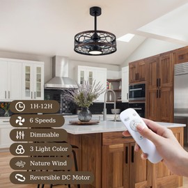 19.6" Farmhouse Caged Ceiling Fans With Lights,6 Speeds,Rustic Low Profile Fandelier Ceiling Fan With Remote,3CCT Dimmable,Reversible,Industrial Fan Lights Fixtures For Kitchen Bedroom Dining Room