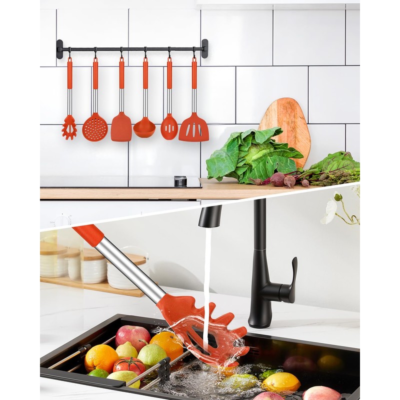Silicone Cooking Utensil Set, 8Pcs Non-stick Cookware with Stainless Steel
