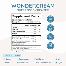 WONDERCOW WonderCow Bovine Colostrum Superfood Creamer Supplement Powder w/Organic Lions Mane Mushroom & Coconut Milk Powder MCTs | Functional Sugar Free Keto Coffee, Smoothie & Drink Mix Unsweetened
