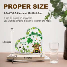YAANUNULU Happy St Patricks Day Decor Gifts for Table Office Desk Shelf, Funny Highland Cow & Shamrocks Pattern Acrylic Heart Decorations for Home Party