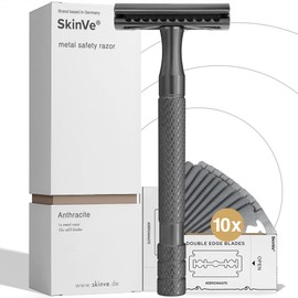 SkinVe® Premium Safety Razor Anthracite Edition Including 10 Razor Blades I Zero Waste Wet Razor for Men and Women I Sustainable Safety Razor with 2-Sided Blade Head I Plastic-Free