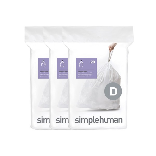 simplehuman Code D Custom Fit Drawstring Trash Bags in Dispenser Packs, 60 Count, 20 Liter / 5.3 Gallon, White