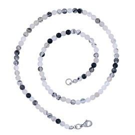 Taddart Minerals - Black and White Natural Gemstone Tourmaline Quartz Necklace with 4 mm Balls and 45 cm Length - Handmade, Tourmaline Quartz
