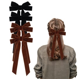 4Pcs Hair Bows for Women, Black Velvet Bow Hair Clips with Long Tail for Girls, Hair Accessories for Women Girls Toddlers(Black, Khaki)