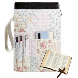 Bible Book Sleeve with Zipper 11" x 9" Padded Protector Washable Quilted Book Covers Fresh Floral Printed Bible Pouch with Handle Pockets Protector for Books Lover Christian Gifts