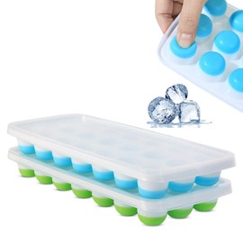Ice Cube Tray with Lid for Freezer Set of 2 Silicone Mould Ice Box Popsicle Mold Ice Trays Ice Maker Machine Round Ice Ball Reusable (Set of 2,21 Cavity)