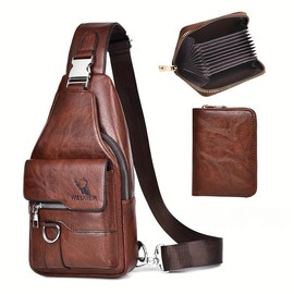 weixier crossbody bag for men and women, durable PU leather, large capacity, multi-compartment, with wallet, casual lightweight shoulder bag, daily, hiking, travel multi-purpose small backpack - Colour: Light brown, Num: 1pc