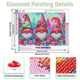 Christmas Diamond Painting Kits for Adults Gnomes Diamond Painting Kits 5D DIY Diamond Art Kits Round Full Drill Gem Art for Home Wall Decor Gifts 12x16inch