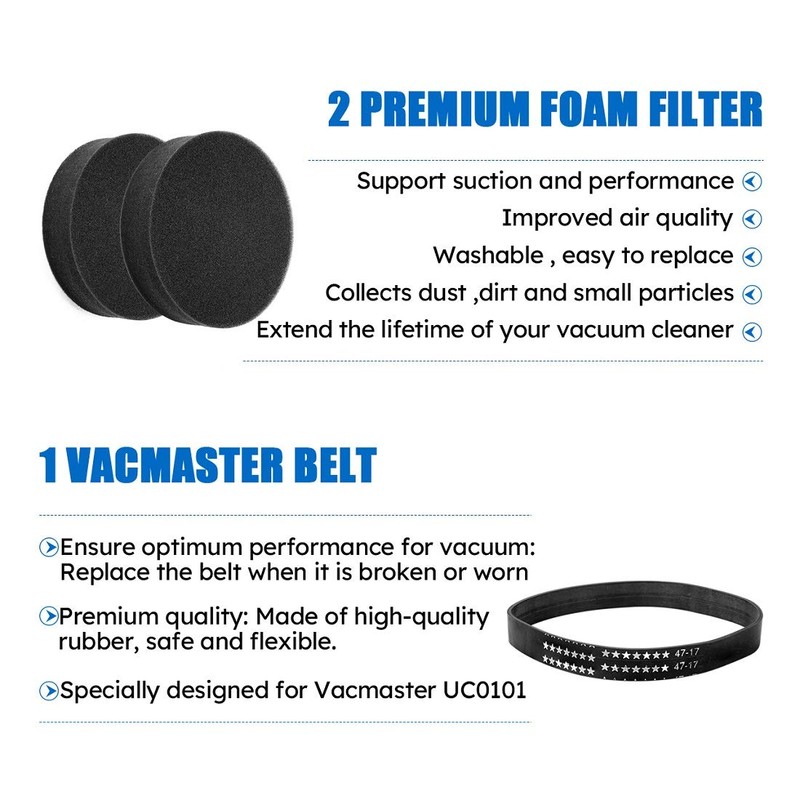 Vacmaster 2 Premium Foam Filters & 1 Vacuum Belt Replacement
