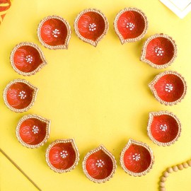 SATVIK 24 Pc Clay Diya Set with Assorted Shubh Labh Stickers | Natural Terracotta Oil Lamps for Diwali, Navratri, Pooja & Home Décor