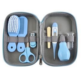 Baby Grooming Kit with Hair Brush Nail Clipper Nose Cleaner Finger Toothbrush Scissor Newborn Care for Boys Girls Blue