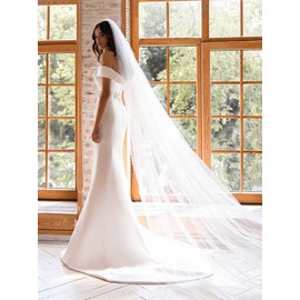 Unsutuo Bride Wedding Veil 1 Tier Cathedral Veil Bridal Tulle Veil with Comb Drop Veil for Women and Girls (59" W,118"L White)