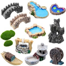 12 piezas de accesorios de jardín en miniatura para puentes de jardín, minifaro de pozo de agua, estanque en miniatura, césped, jardín, figuritas para decoración de jardín (estilo retro)