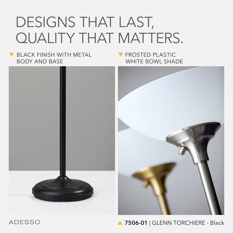 Adesso Black Torchiere Floor Lamp with Frosted White Shade –