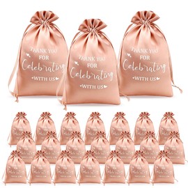 24 Packs Thank You Satin Gift Bags 5x7" Pink Drawstring Pouches "Thank You for Celebrating with Us" Drawstring Jewelry Candy Pouches for Wedding Anniversary Baby Shower Party Favours