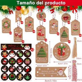 100 PCS Etiquetas Papel Kraft Navideñas para Regalo con 32 Etiquetas Adhesivas de Navidad, Etiquetas de Navidad Colgantes con 2 Colores para Cuerda, para la Decoración de Regalos de Navidad