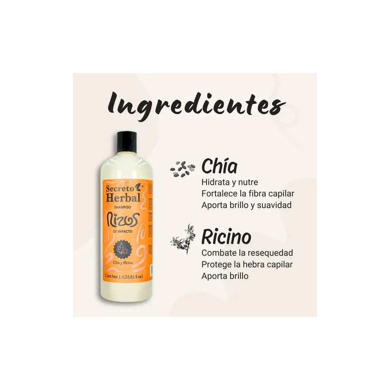 Shampoo Natural Rizos Secreto Herbal Chía Y Ricino 1l