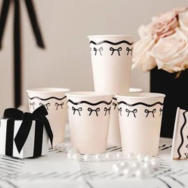 Cream Paper Cups with Black Bows – Pack of 6 Elegant Party Cups for Weddings, Birthdays & Celebrations